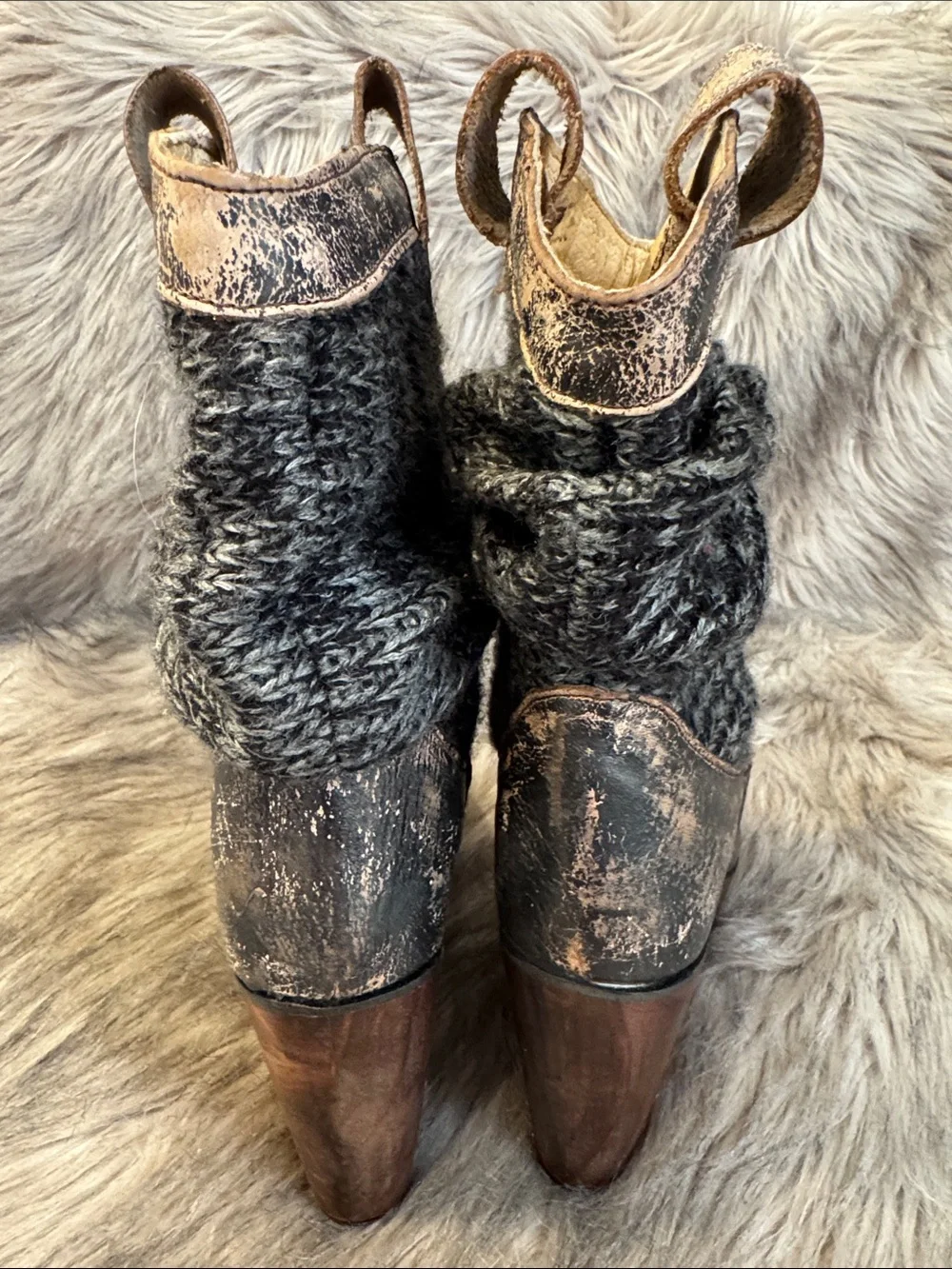 BED|STU Knit-Top Wedge Booties in Distressed Brown and Gray Size 6